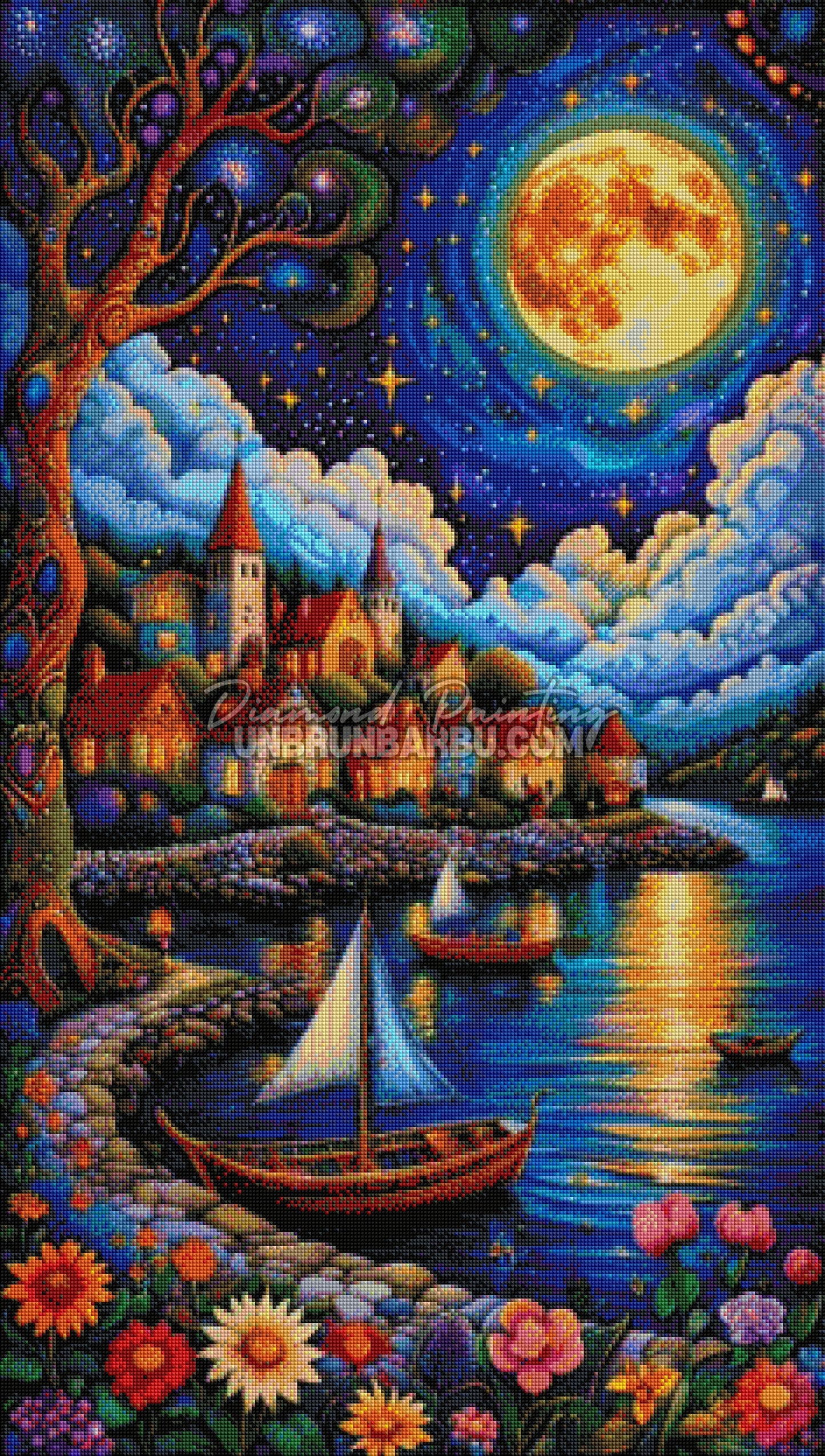 Rendu diamante Diamond Painting Clair de Lune sur le Village 60x105 cm avec village pleine lune et fleurs