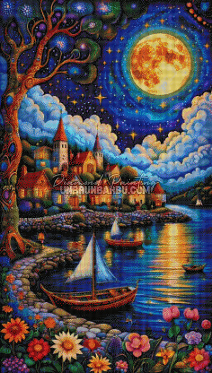 Rendu diamante Diamond Painting Clair de Lune sur le Village 60x105 cm avec village pleine lune et fleurs