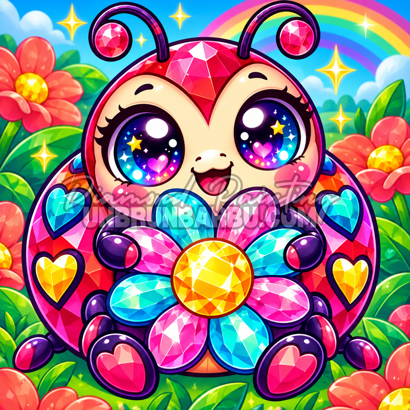 Diamond Painting Coccinelle a la Fleur de Cristal 60x60 cm avec jardin fleuri, arc-en-ciel et coeurs