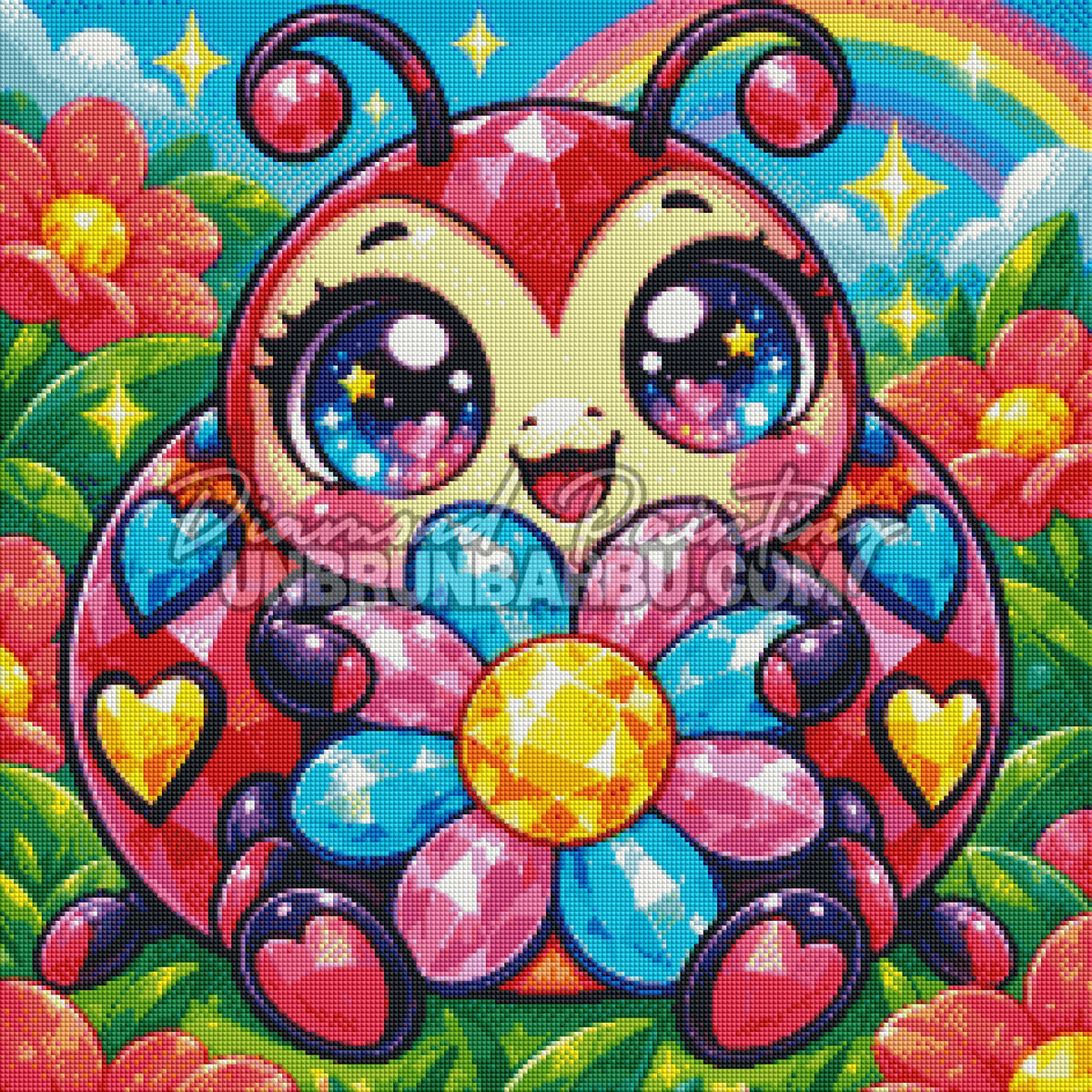 Rendu en Cristaux du Diamond Painting Coccinelle a la Fleur de Cristal 60x60 cm avec fleur multicolore et coeur dore