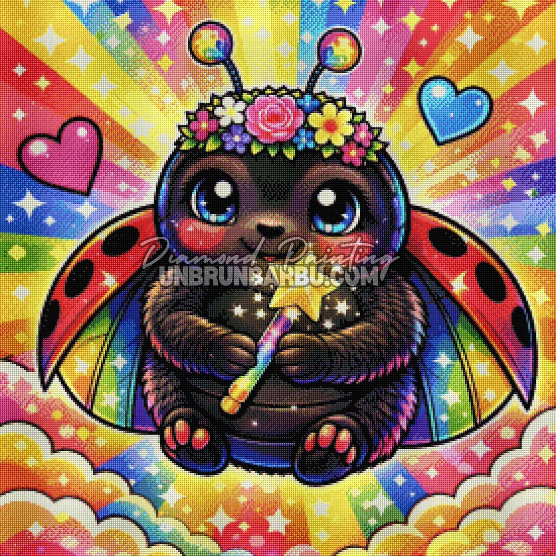 diamond painting coccinelle baguette magique rendu diamante arc en ciel et etoiles