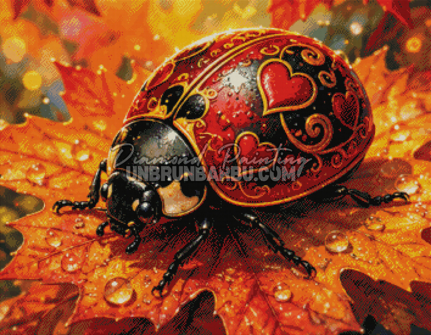 Rendu diamante du Diamond Painting Coccinelle Eclats d Automne 90x70 cm sur feuilles orange