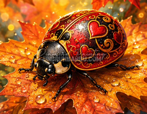 Diamond Painting Coccinelle Eclats d Automne 90x70 cm avec carapace rouge a coeurs et feuilles dorees