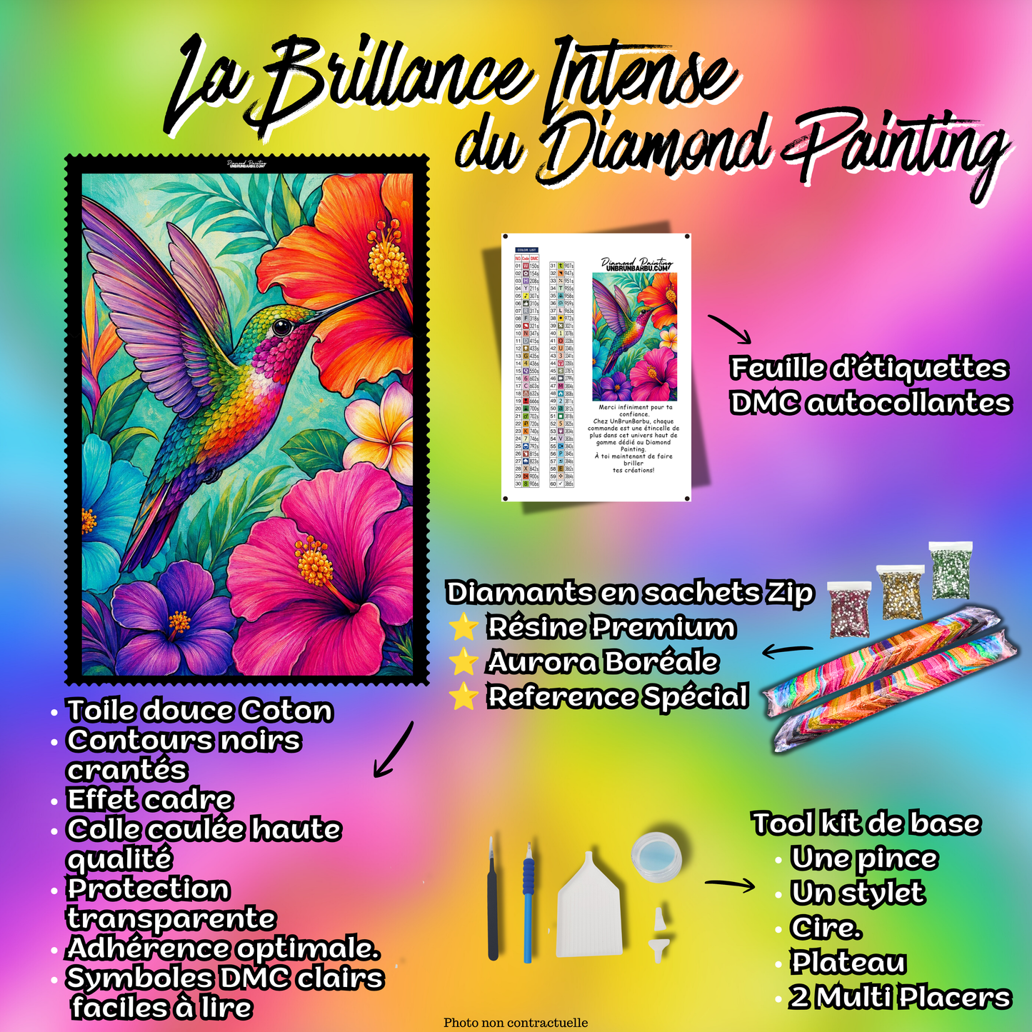 Kit premium Diamond Painting Colibri des Tropiques avec toile coton, diamants en sachets zip, étiquettes DMC et accessoires