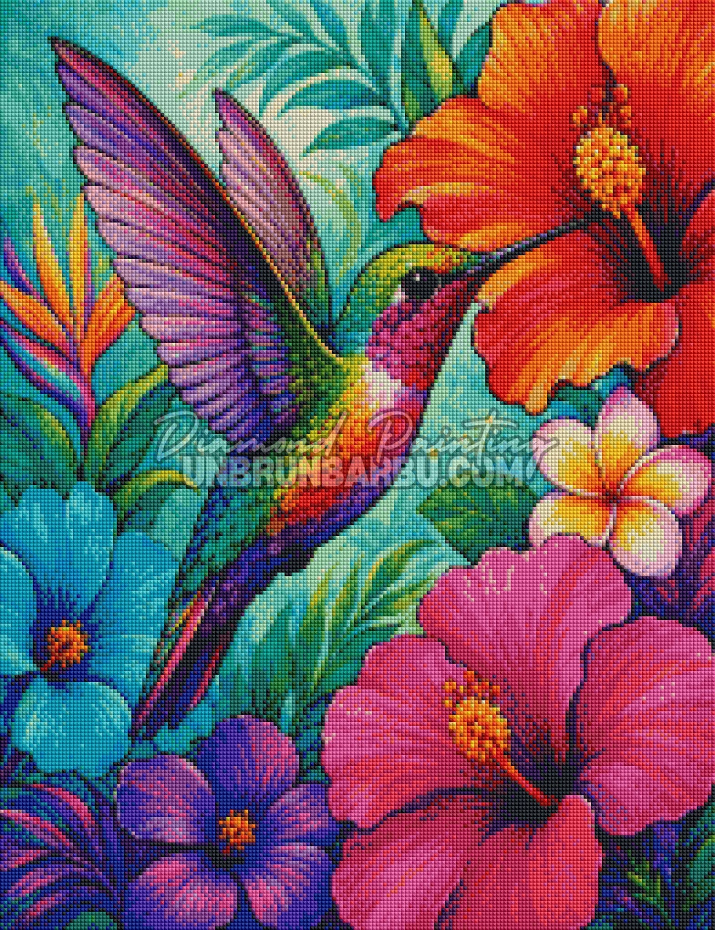Layout Diamond Painting Colibri des Tropiques 50x65 cm avec aperçu diamanté du colibri coloré et des fleurs tropicales