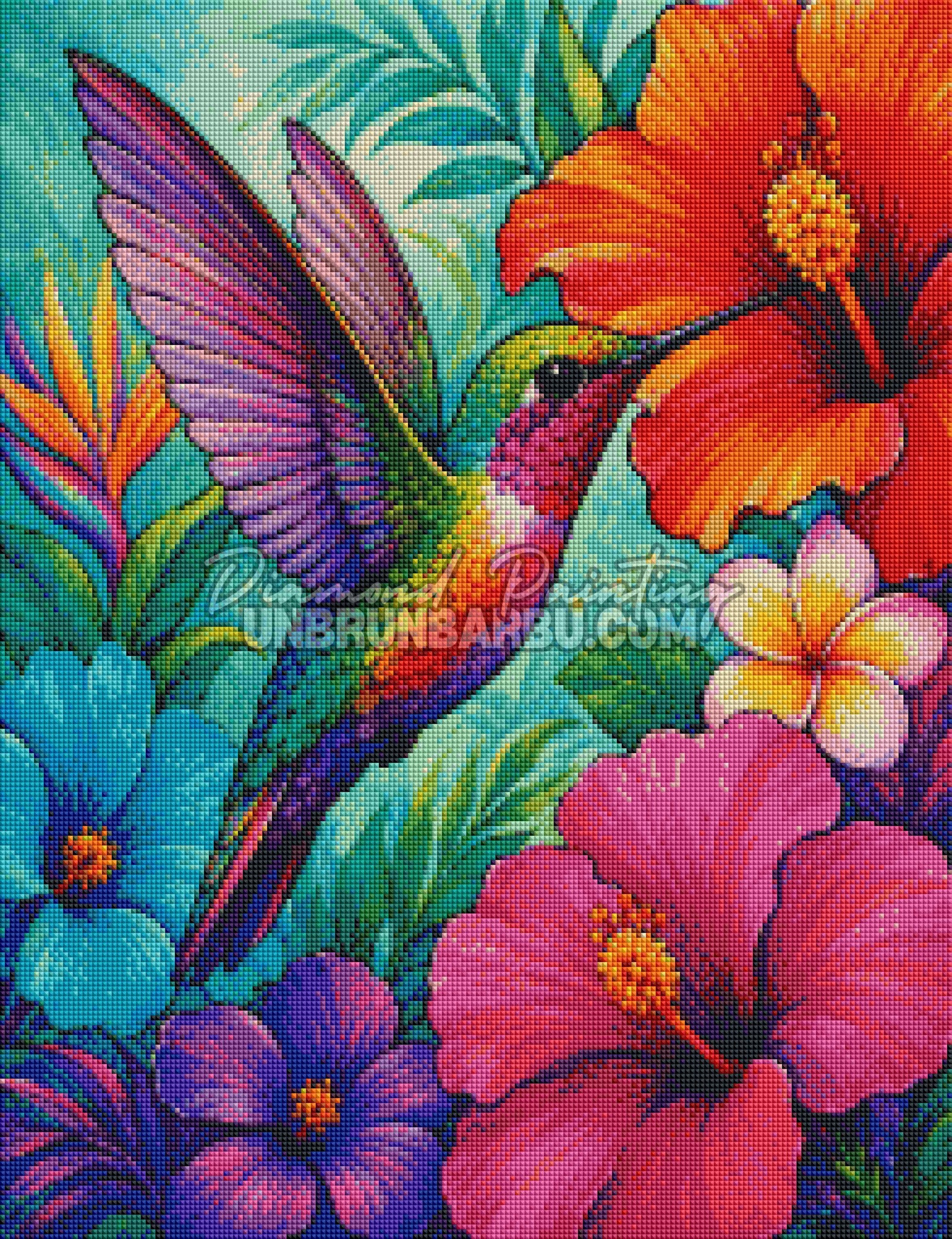 Layout Diamond Painting Colibri des Tropiques 50x65 cm avec aperçu diamanté du colibri coloré et des fleurs tropicales