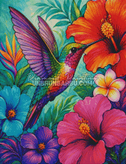 Layout Diamond Painting Colibri des Tropiques 50x65 cm avec aperçu diamanté du colibri coloré et des fleurs tropicales