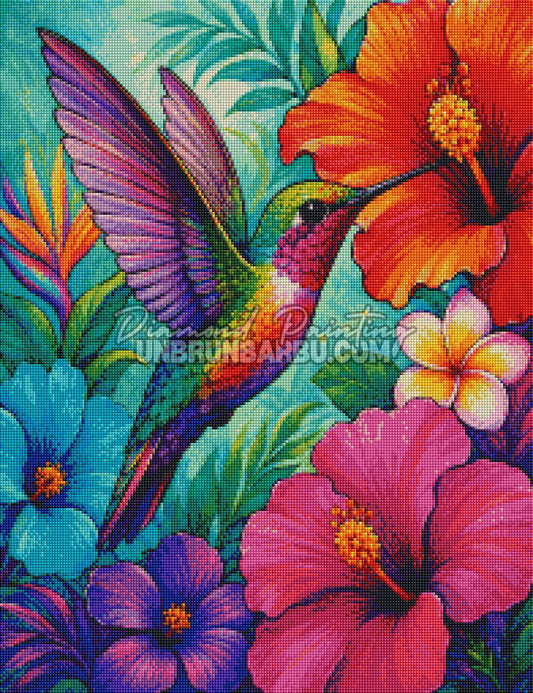 Layout Diamond Painting Colibri des Tropiques 50x65 cm avec aperçu diamanté du colibri coloré et des fleurs tropicales