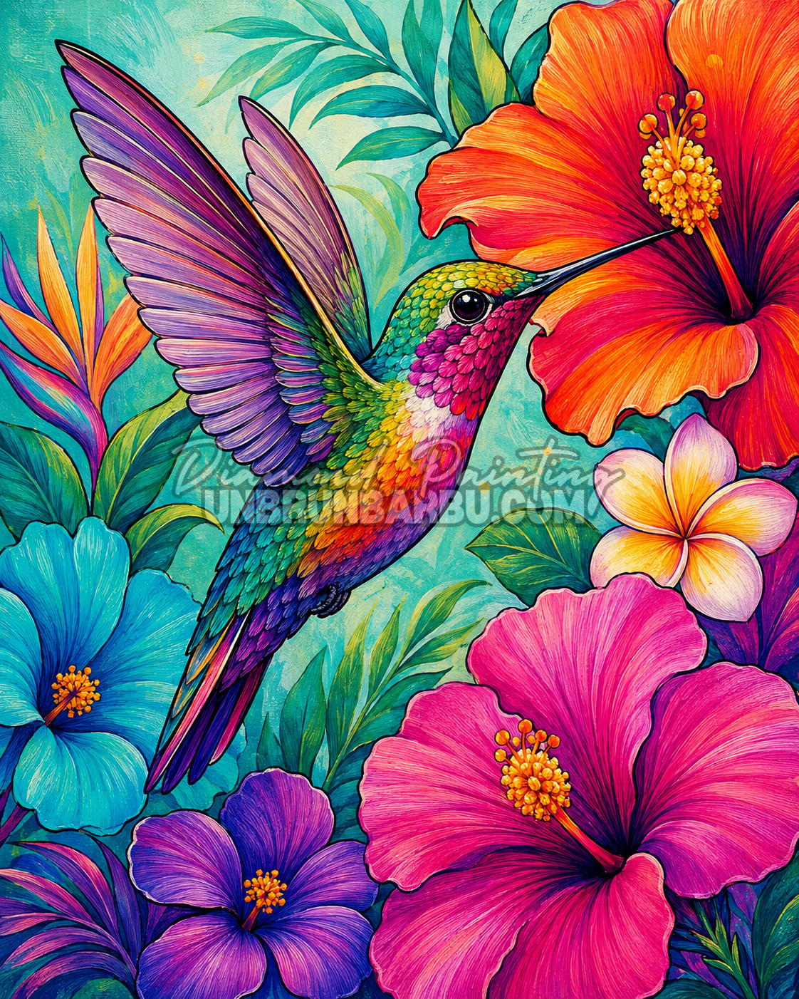 Diamond Painting Colibri des Tropiques 50x65 cm avec colibri arc-en-ciel, hibiscus, fleurs tropicales et feuillage exotique