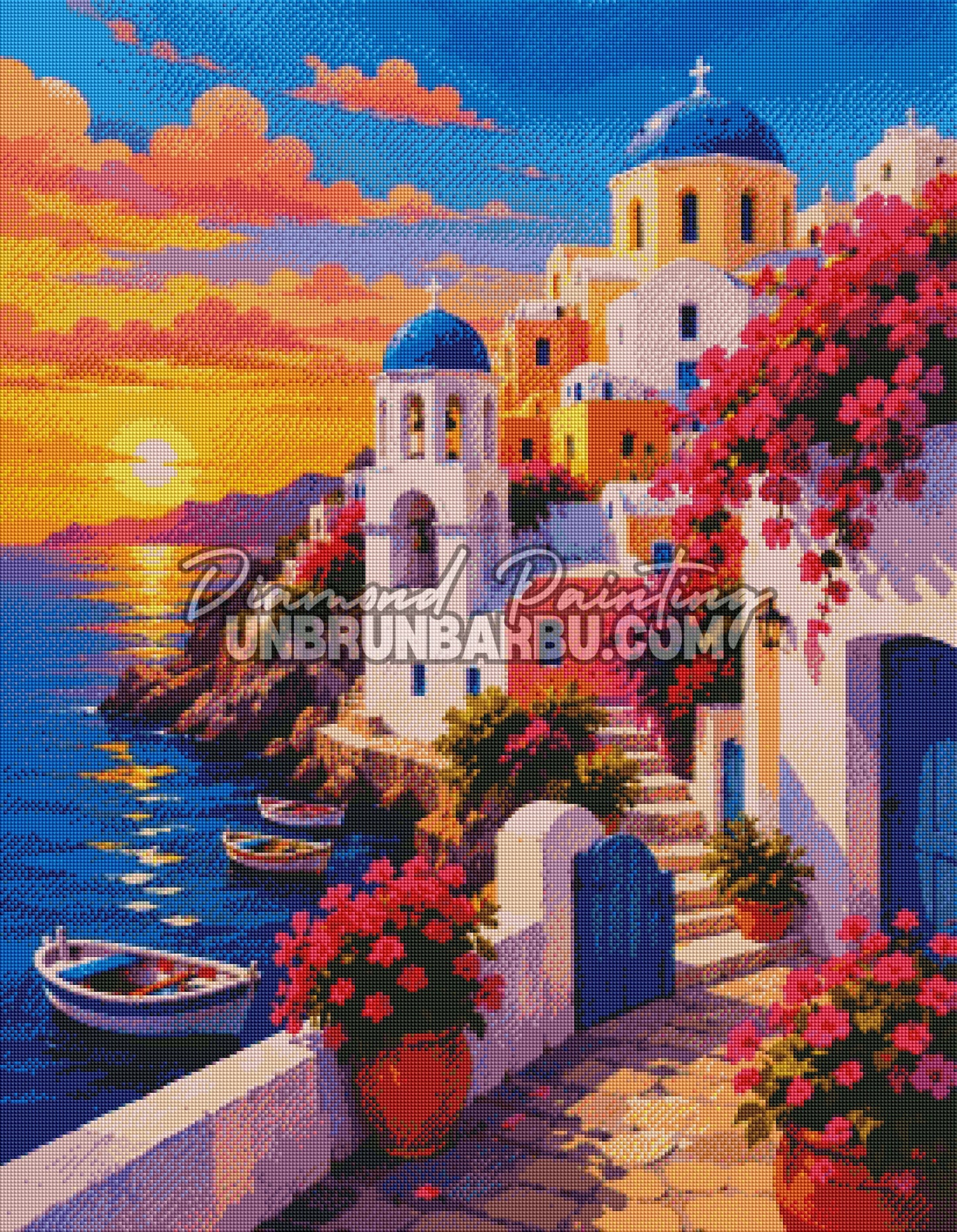 Layout Diamond Painting Coucher de Soleil à Santorin présentant l'illustration complète et le rendu des diamants