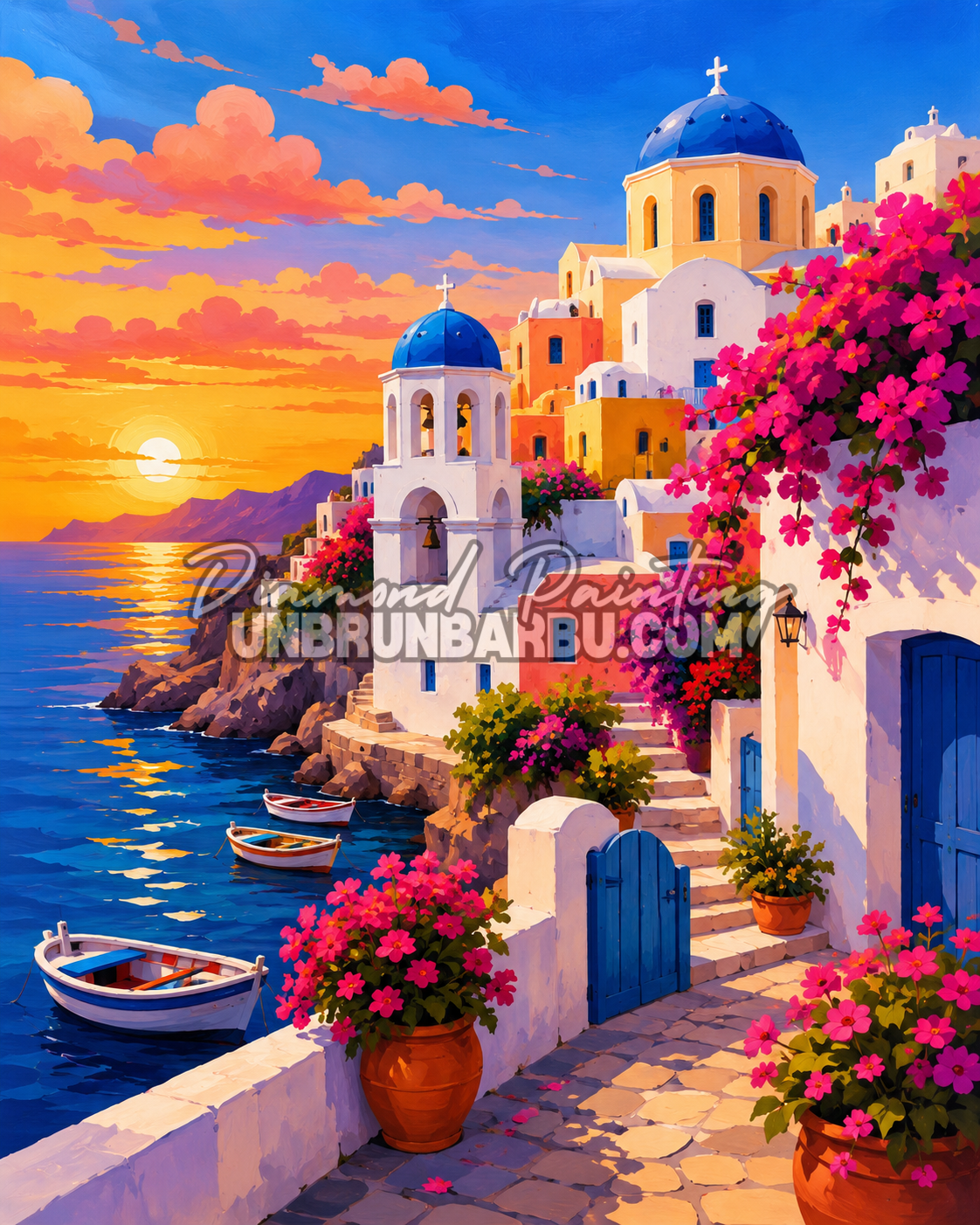 Diamond Painting Coucher de Soleil à Santorin 70x90 cm représentant un magnifique village grec face à la mer au coucher du soleil