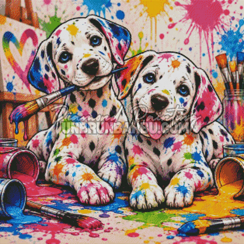 Rendu diamante du Diamond Painting Dalmatiens aux Mille Couleurs 80x80 cm dans un atelier d artiste