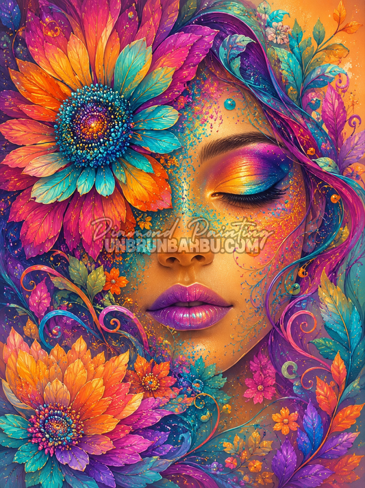 Diamond Painting Déesse de la Floraison 70x95 cm avec portrait féminin, grandes fleurs colorées et feuillages multicolores