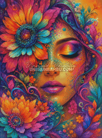 Rendu diamanté du Diamond Painting Déesse de la Floraison avec visage féminin, fleurs orange, turquoise et violettes