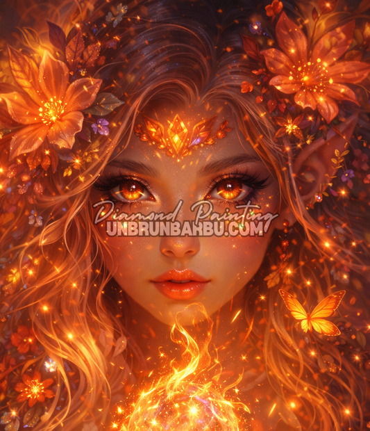 illustration diamond painting deesse flammes feu regard intense