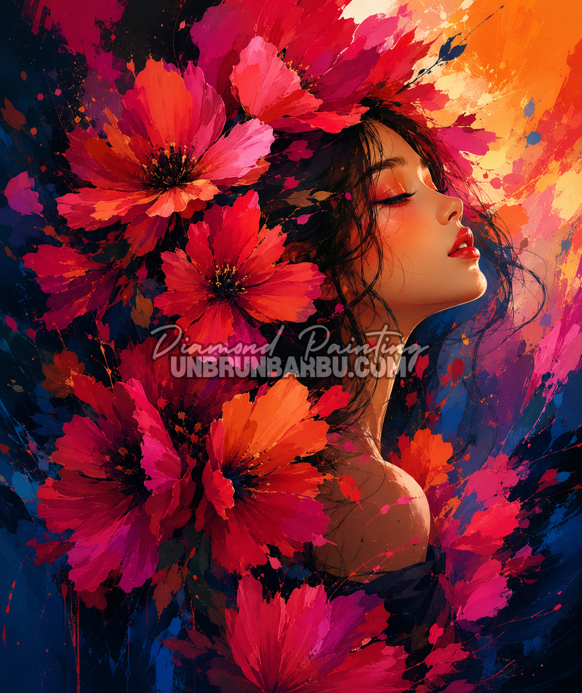 diamond painting deesse fleur de passion 80x95 cm illustration portrait floral rouge