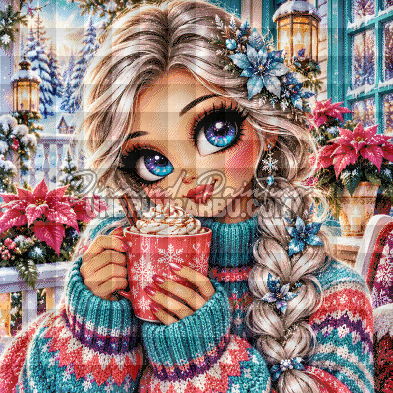 Rendu diamante du Diamond Painting Demoiselle et Tasse des Jours d Hiver 100x100 cm avec pull colore et decor enneige