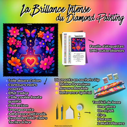 Kit Diamond Painting premium Deux Âmes Un Cœur avec toile coton, diamants en sachets zip, accessoires et étiquettes DMC