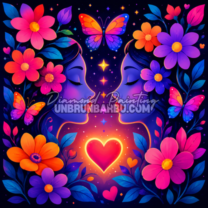 Diamond Painting Deux Âmes Un Cœur 80x80 cm représentant deux visages entourés de fleurs et d'un cœur lumineux