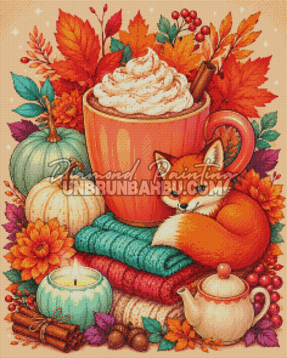 Rendu diamanté du Diamond Painting Douceur d’Automne 60x75 cm avec renard roux et décor cocooning
