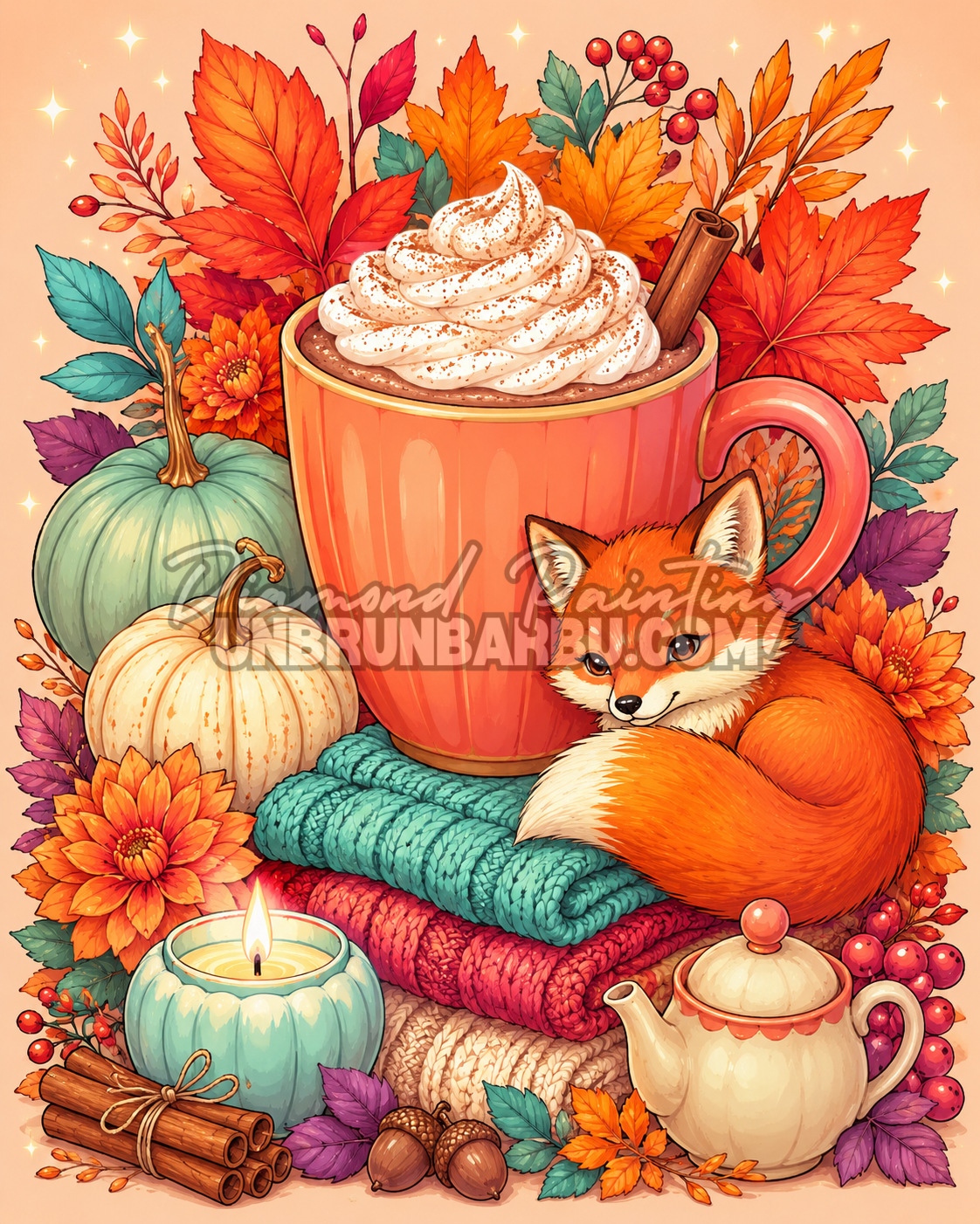 Diamond Painting Douceur d’Automne 60x75 cm avec renard, chocolat chaud, citrouilles et feuilles colorées
