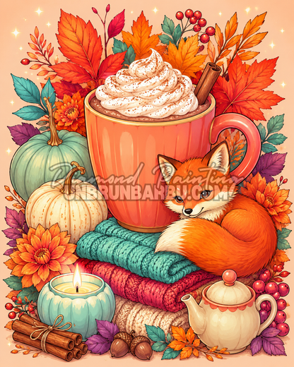 Diamond Painting Douceur d’Automne 60x75 cm avec renard, chocolat chaud, citrouilles et feuilles colorées