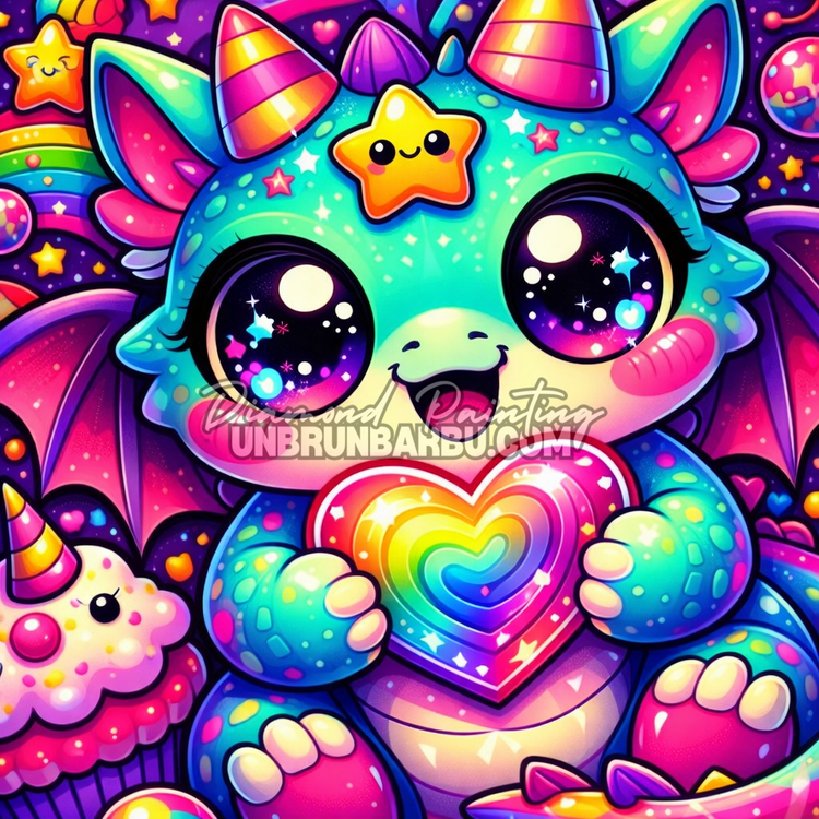 illustration diamond painting dragon kawaii arc en ciel cristaux