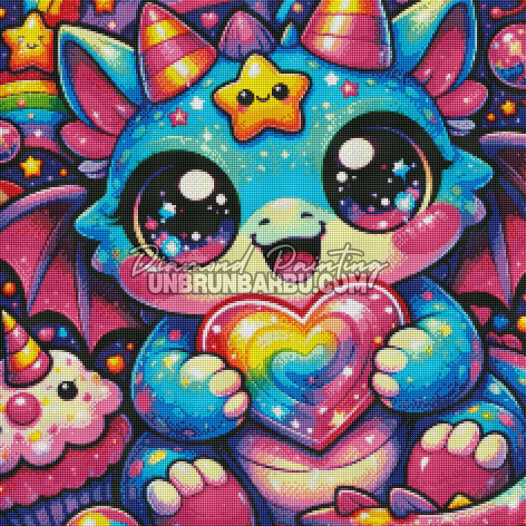 rendu diamond painting dragon kawaii arc en ciel diamant carré