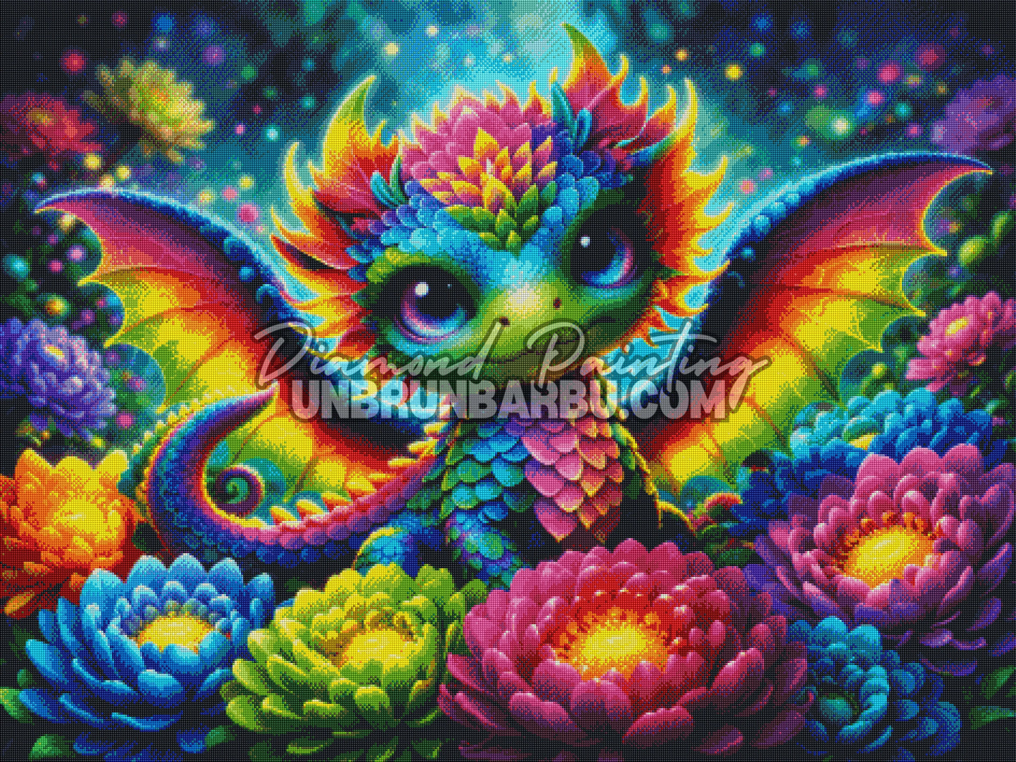 rendu diamond painting dragon effet diamants lumineux