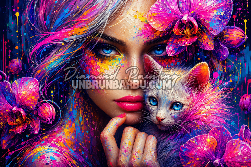 diamond painting eclaboussure de vie 120x80 cm femme chat orchidées colorees