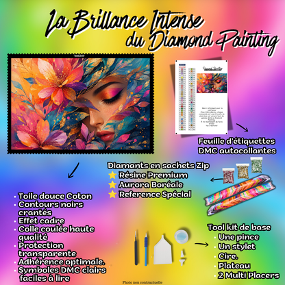 Kit Diamond Painting Premium Éclosion de Beauté avec toile coton, diamants en sachets zip, accessoires et feuille DMC
