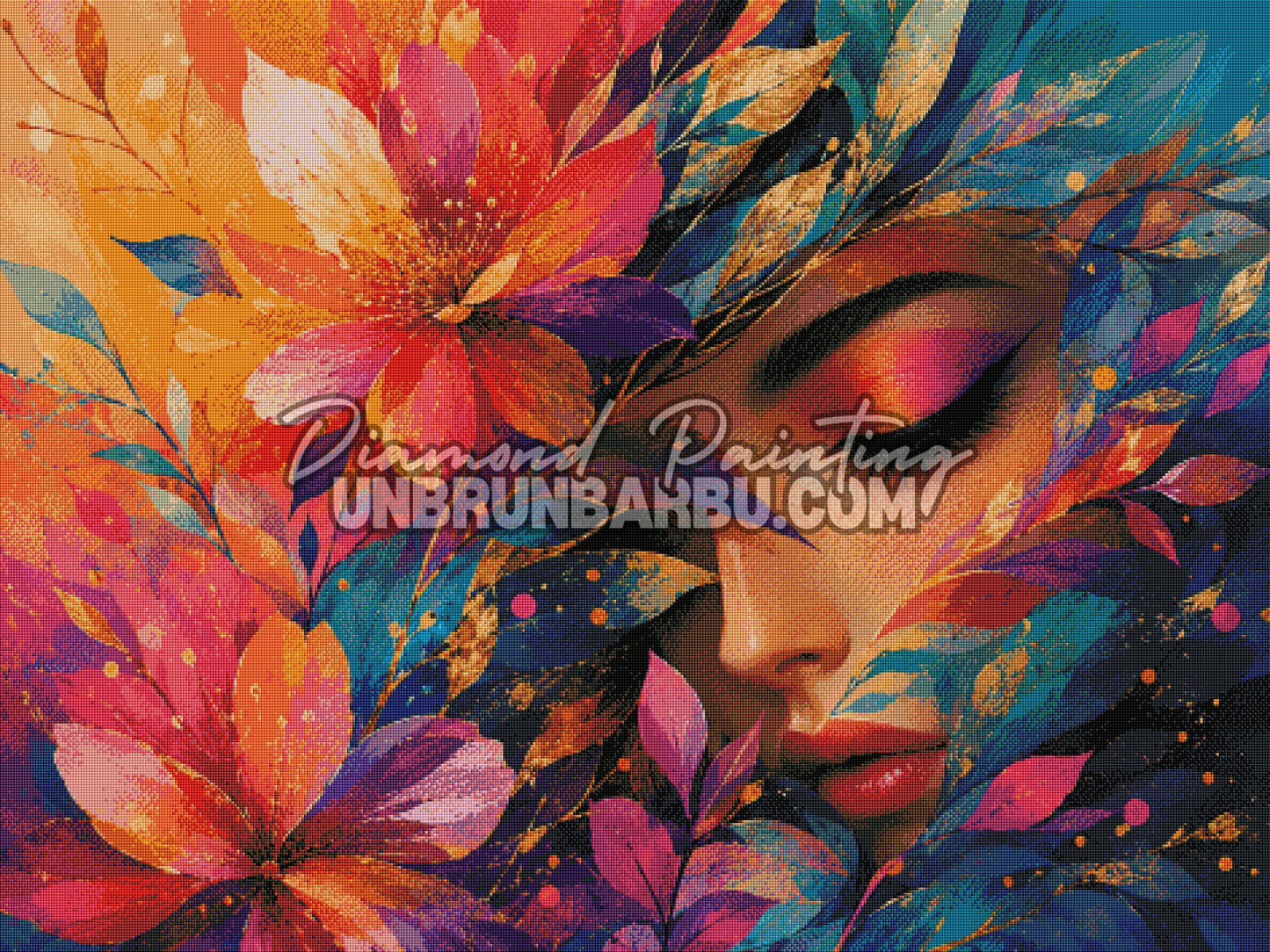 Layout Diamond Painting Éclosion de Beauté mettant en valeur les couleurs éclatantes, les fleurs et les détails du portrait