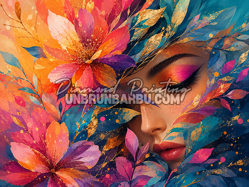 Diamond Painting Éclosion de Beauté 120x90 cm représentant un portrait féminin entouré de fleurs colorées et de feuillages artistiques