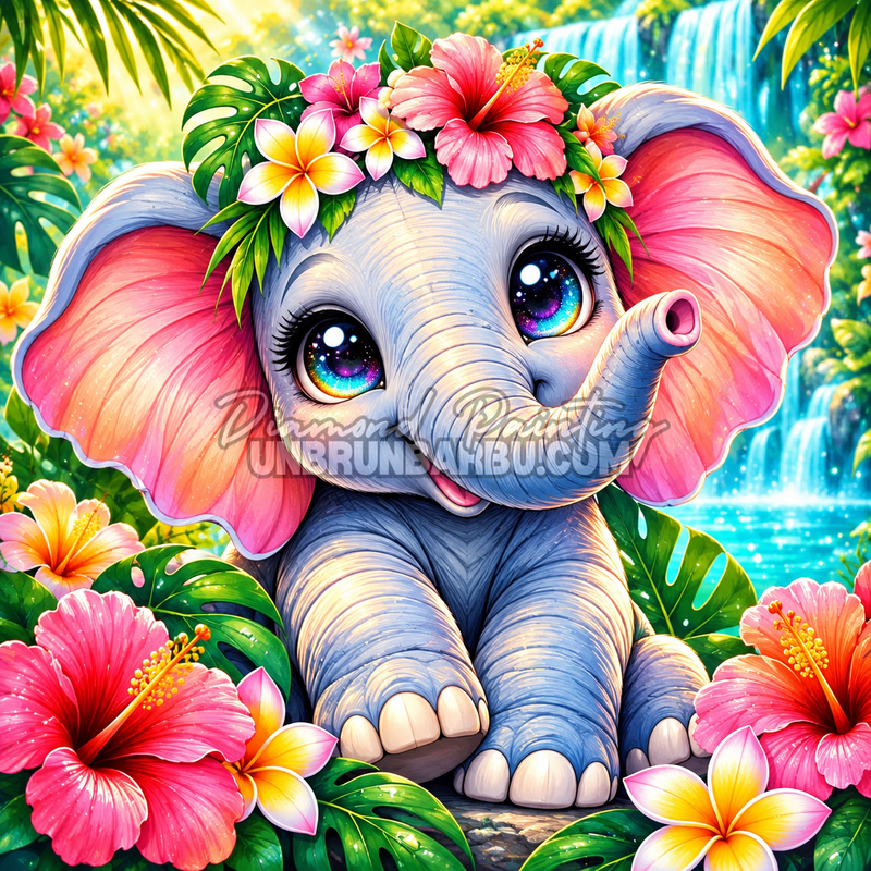 Diamond Painting L’Éléphanteau du Jardin Tropical 80x80 cm avec oreilles roses, hibiscus et cascade