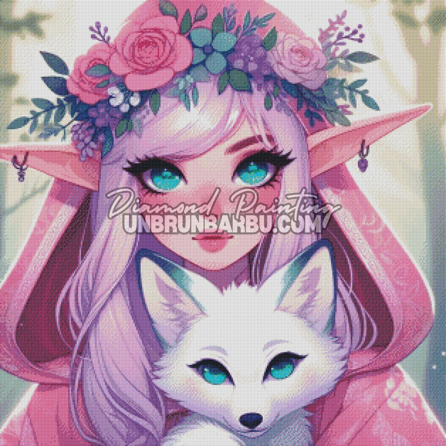 Rendu diamanté du Diamond Painting Elfe du Renard Blanc 80x80 cm