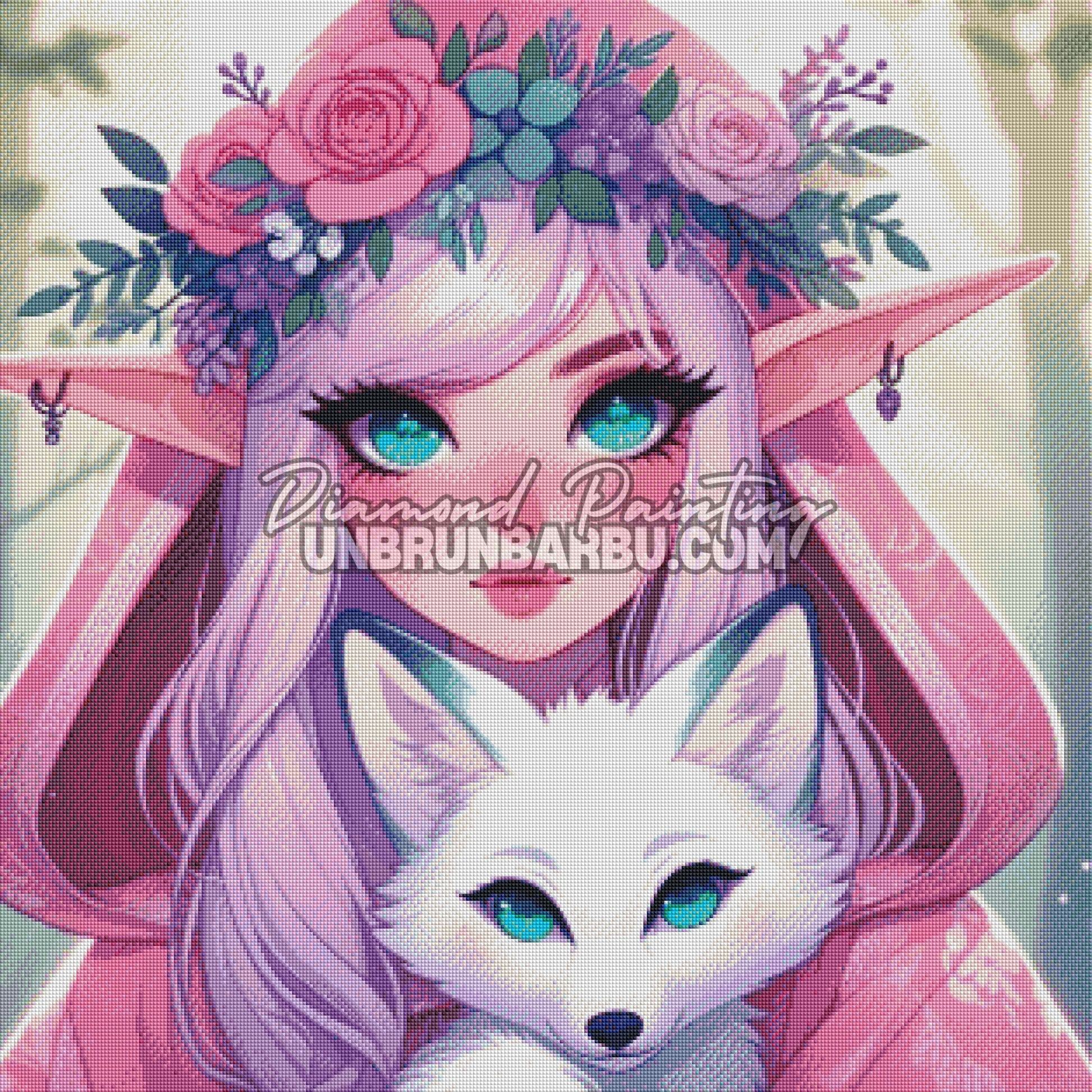 Rendu diamanté du Diamond Painting Elfe du Renard Blanc 80x80 cm