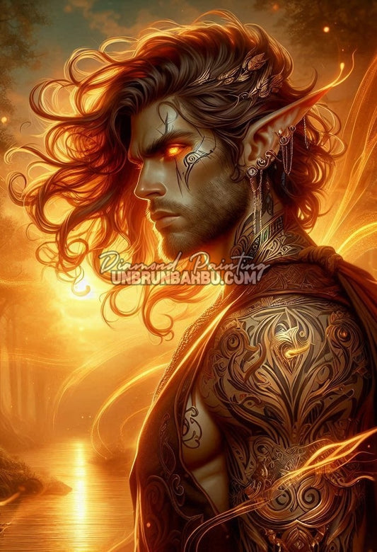 illustration diamond painting elfe solaire regard feu