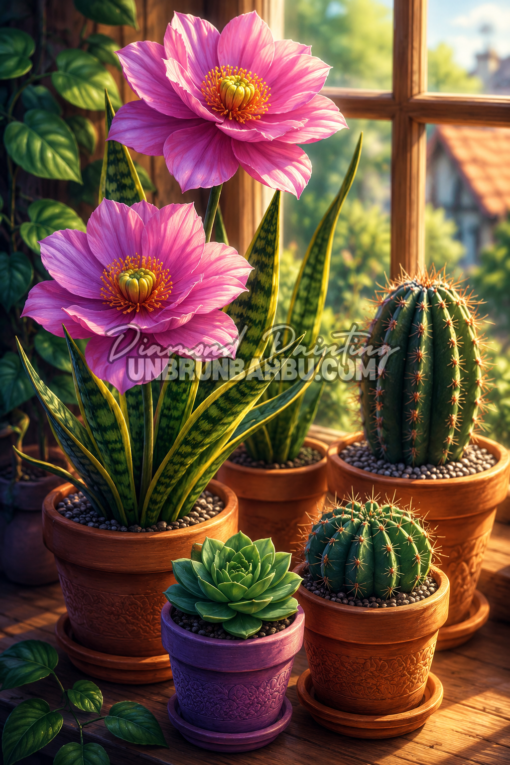 diamond painting entre cactus et fleurs 60x90 illustration