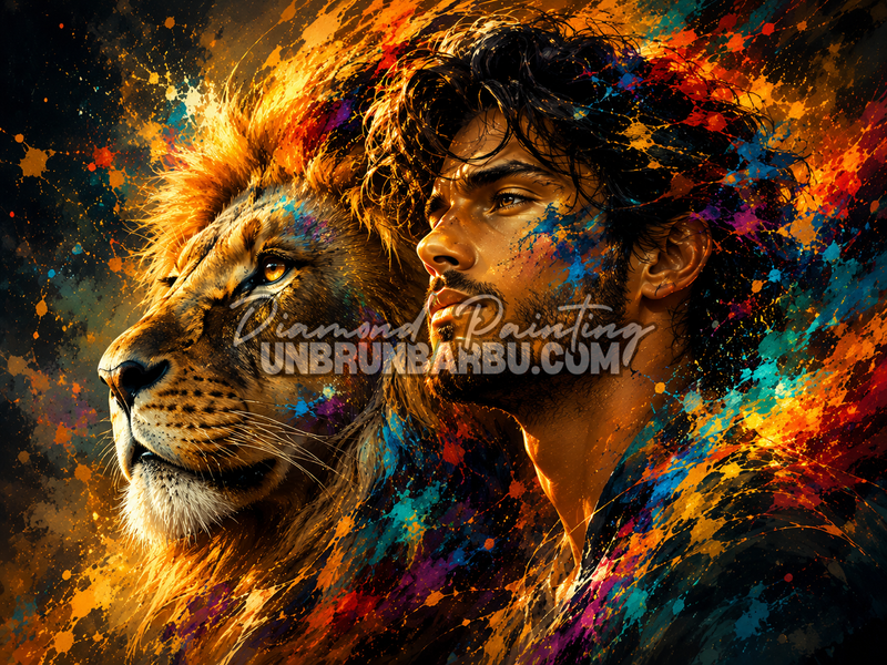 diamond painting entre homme et lion 120x90 cm illustration homme lion couleurs intenses