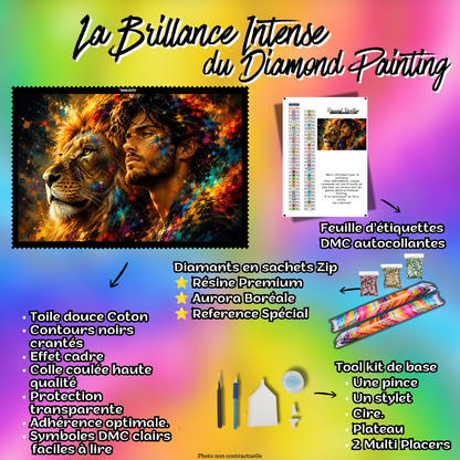 kit diamond painting entre homme et lion 120x90 cm contenu complet premium