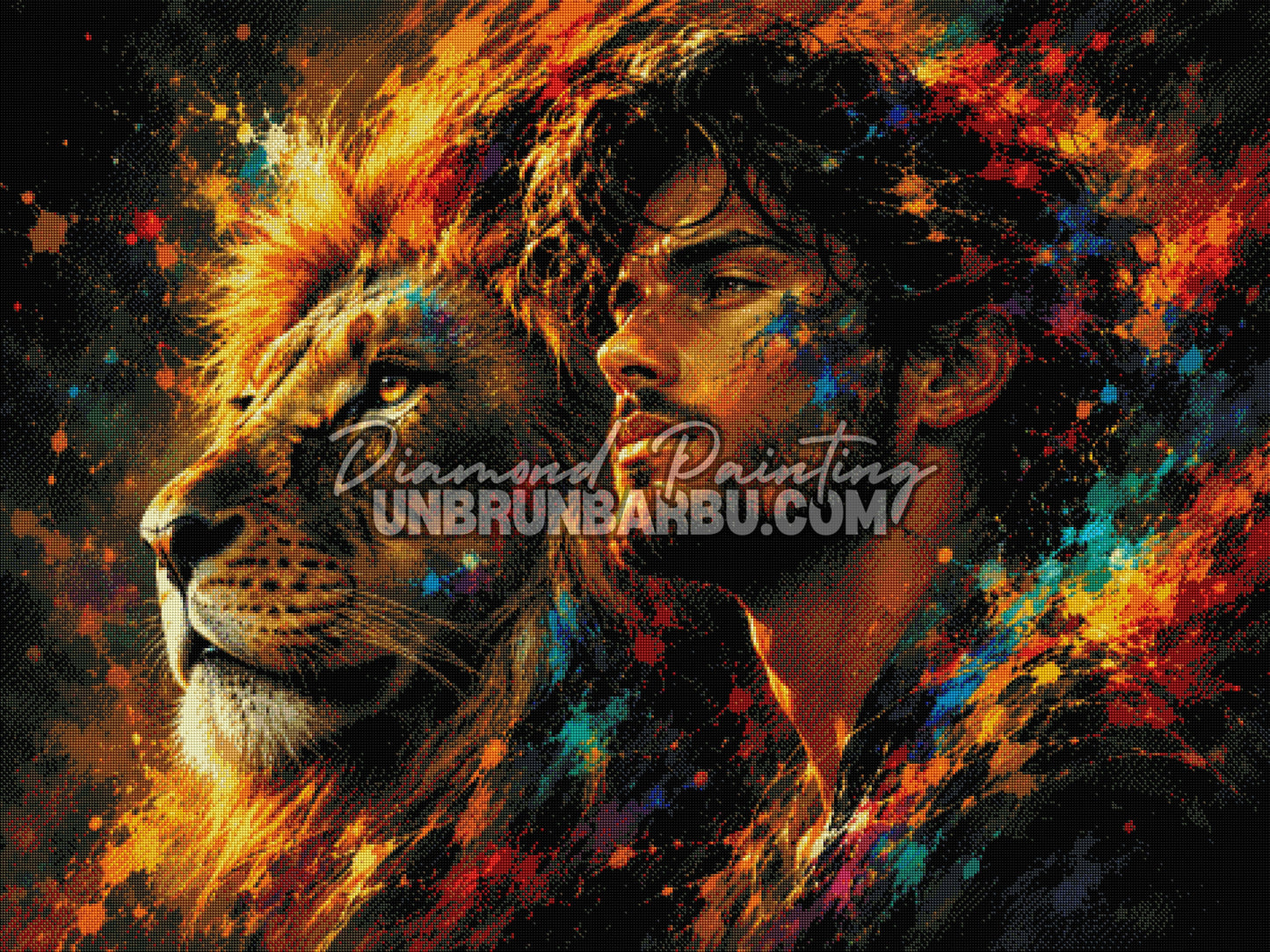 diamond painting entre homme et lion 120x90 cm rendu diamante complet