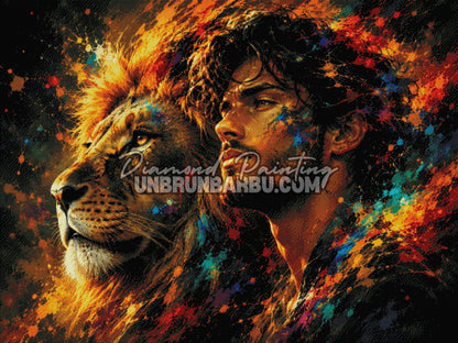 diamond painting entre homme et lion 120x90 cm rendu diamante complet