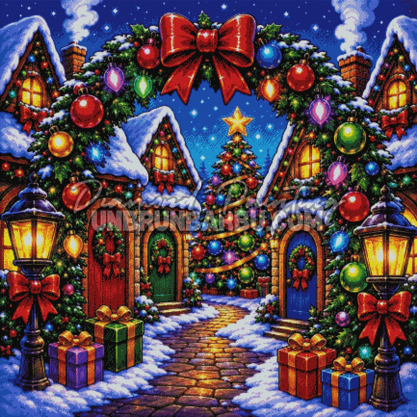 Rendu diamanté du Diamond Painting L’Entrée du Village de Noël 110x110 cm avec lanternes et cadeaux