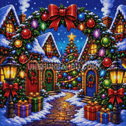 Rendu diamanté du Diamond Painting L’Entrée du Village de Noël 110x110 cm avec lanternes et cadeaux