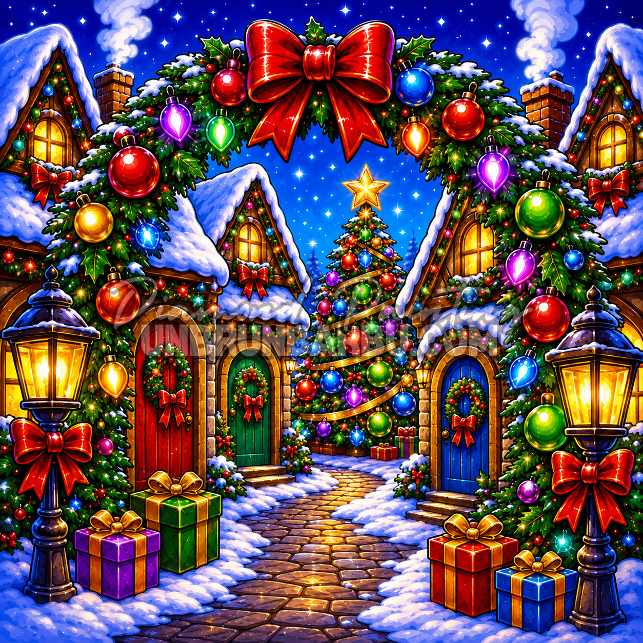 Diamond Painting L’Entrée du Village de Noël 110x110 cm avec arche décorée, sapin et maisons enneigées
