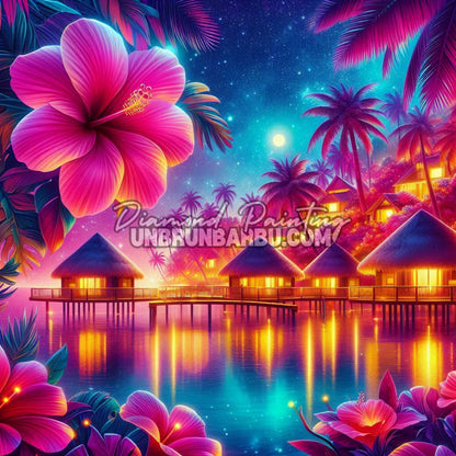 illustration diamond painting paysage polynesien fleurs tropicales nuit