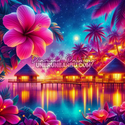 illustration diamond painting paysage polynesien fleurs tropicales nuit