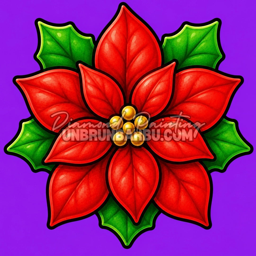 Diamond Painting étoile de Noël poinsettia 30x30 cm rouge avec feuilles vertes sur fond violet