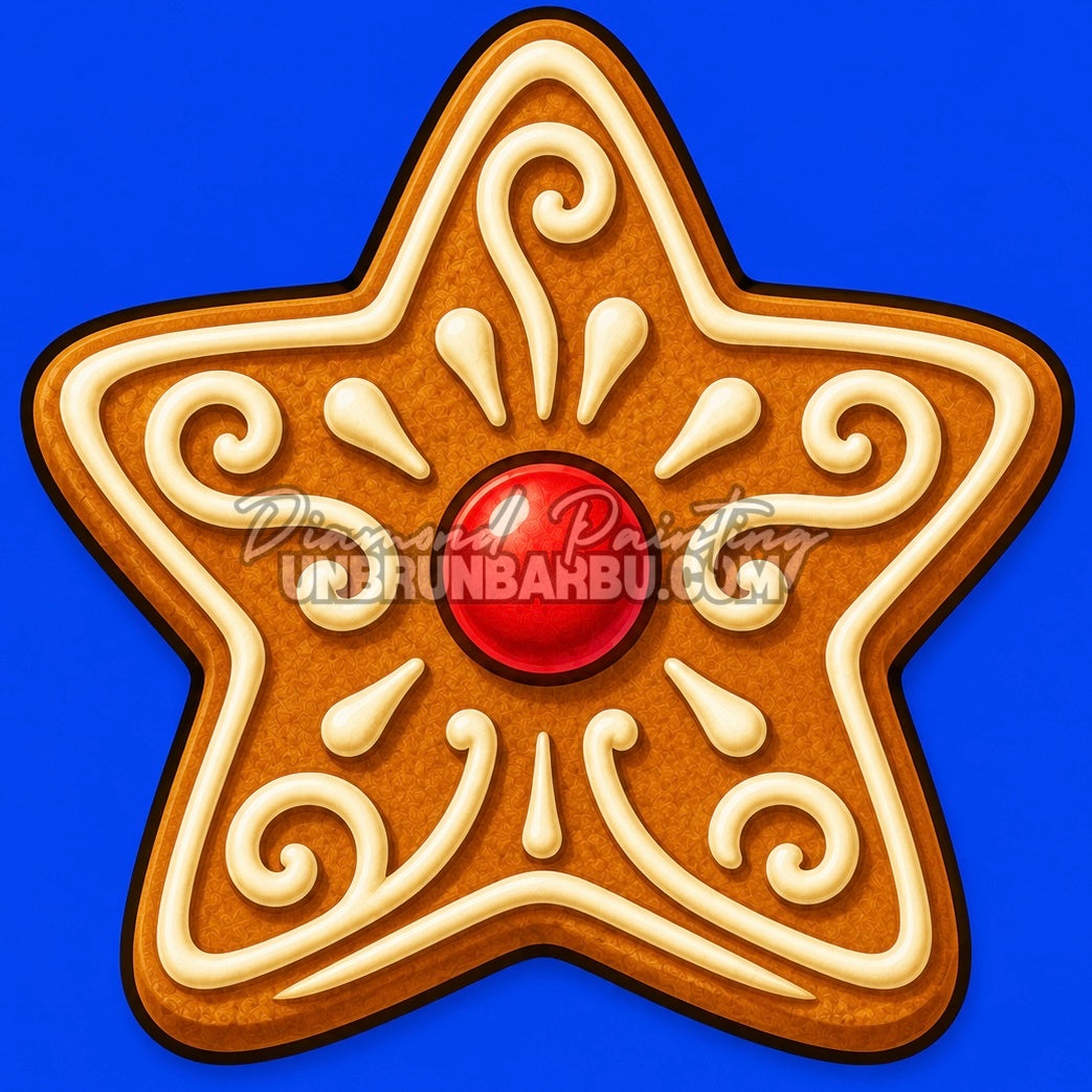 Diamond Painting étoile en pain d’épices 30x30 cm avec glaçage blanc et cœur rouge sur fond bleu