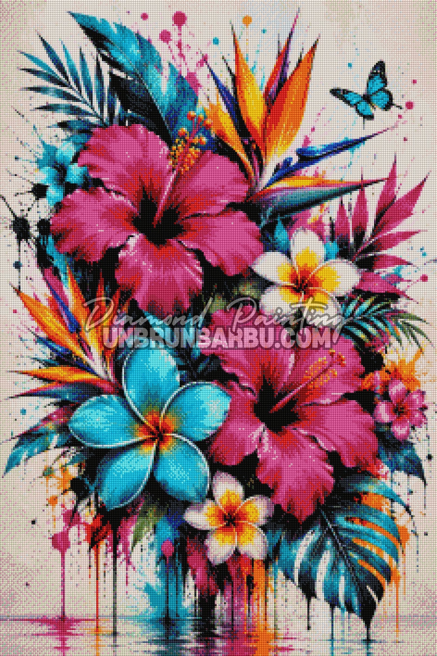 Layout Diamond Painting Explosion de Fleurs Tropicales montrant le rendu complet des diamants sur la toile